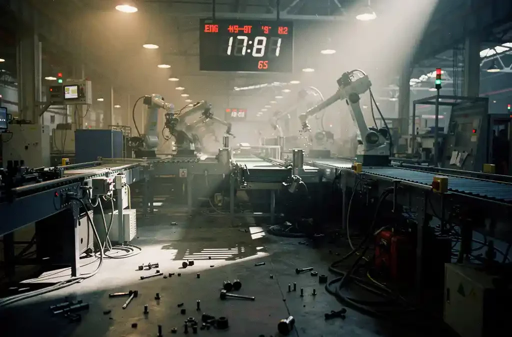 Factory assembly line halted, digital clock ticking, scattered tools, dramatic shadows, capturing tension of downtime.