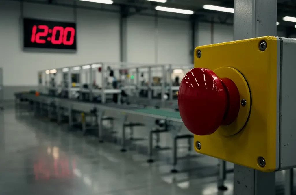 Red emergency stop button on factory floor assembly line, digital clock paused in background, cinematic depth, soft lighting.