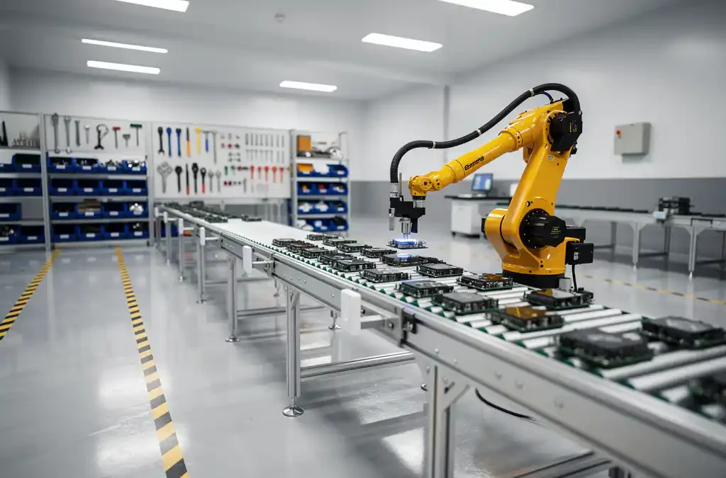 Robotic arm assembling products on modern factory floor, surrounded by organized tools, bright lighting, lean manufacturing focus.