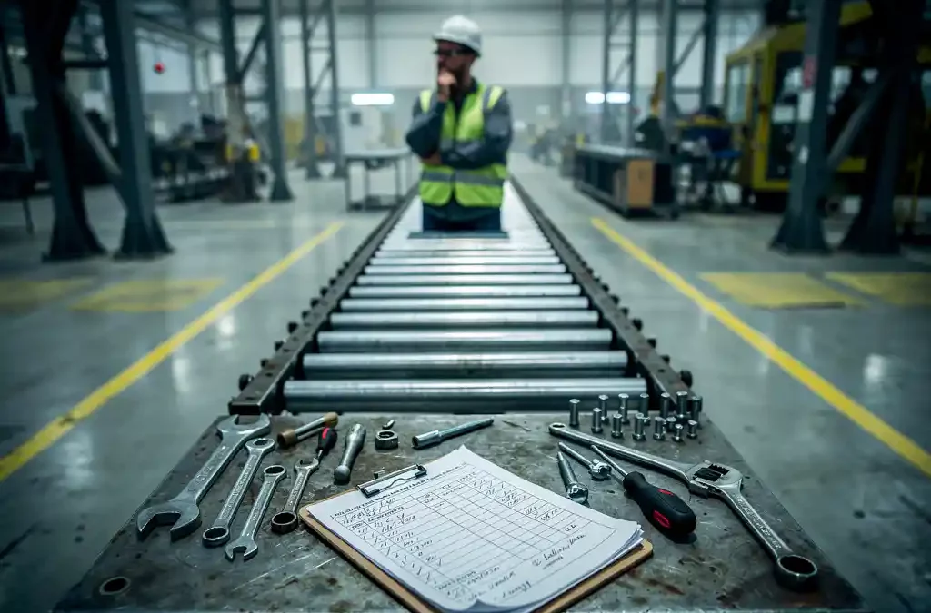 Factory worker at assembly line's end, contemplating; scattered tools, clipboard with checklists, industrial machinery in background.