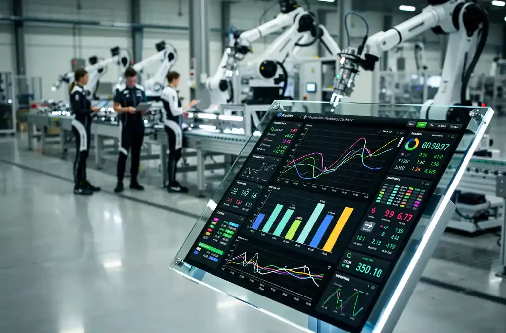 Automated machinery in modern factory, engineers in smart uniforms, digital control panel with real-time data, industrial lighting.