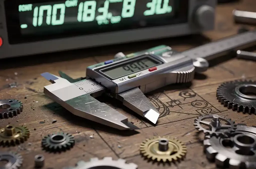 Caliper on workbench with scattered gears, digital display in background, photorealistic textures, soft lighting, eye-level view.