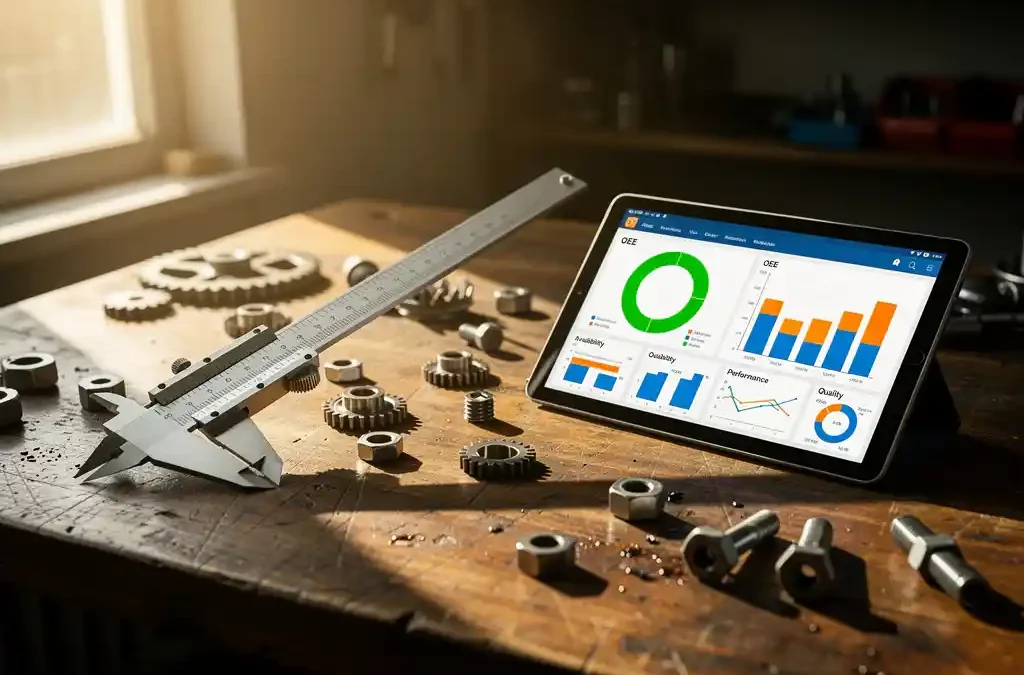 Caliper on workbench beside tablet with OEE dashboard, gears, and bolts, in soft sunlight, cinematic depth, 35mm film style.