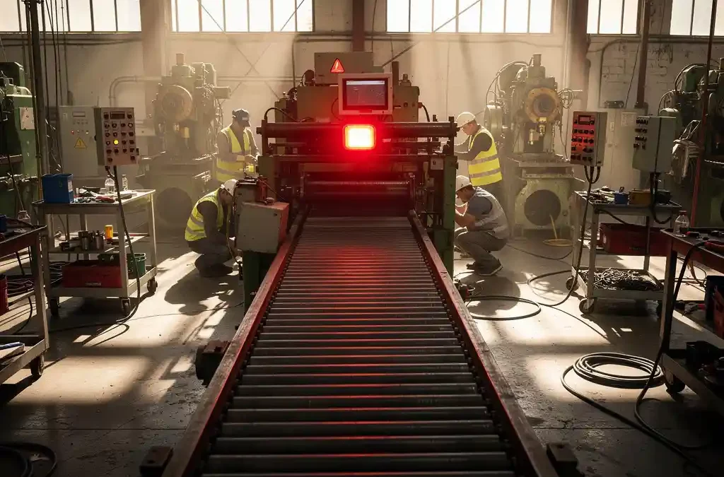 Conveyor belt with red light flashing for stoppage, workers inspecting machinery, industrial tools, natural light casting shadows.