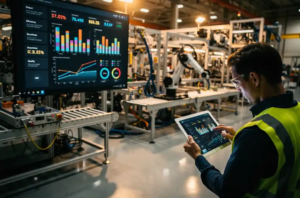 Worker analyzing tablet data on modern manufacturing floor with digital dashboard and machinery, warm industrial lighting.