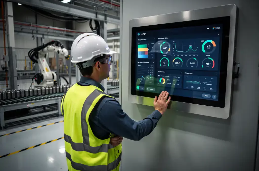 Engineer examines digital touchscreen with real-time machine data on factory floor; conveyor belt and machinery in operation nearby.