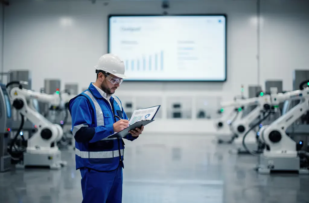 Engineer in blue uniform reviews clipboard on modern factory floor with performance metrics display and high-tech machinery.