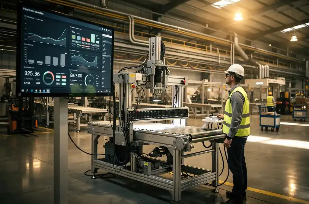 Automated machine on industrial factory floor with worker observing digital display, warm lighting, organized, bustling activity.
