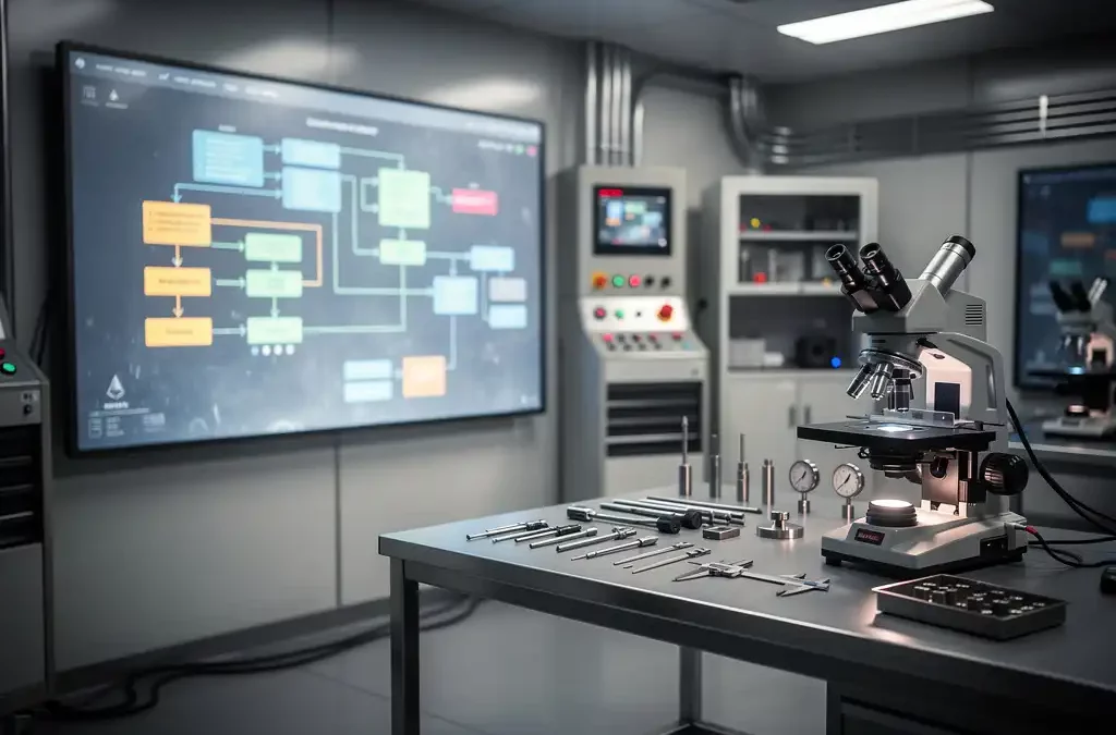 Modern factory control room with digital flowchart screen and quality inspection station, ambient lighting, photorealistic detail.
