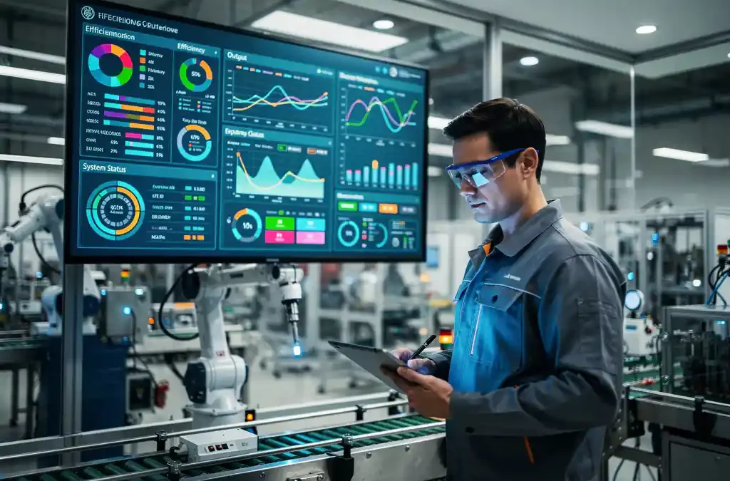 Mechanical engineer analyzing efficiency metrics on large digital screen in high-tech factory control room with ambient lighting.