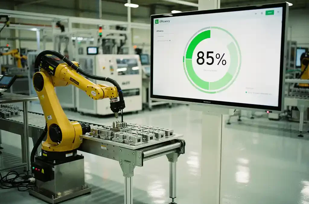 Robotic arm assembling components on a precision-engineered factory floor, 85% efficiency gauge on digital display.