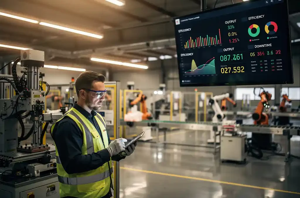 Worker examining machinery on modern factory floor with digital display of efficiency metrics, industrial equipment, and warm lighting.