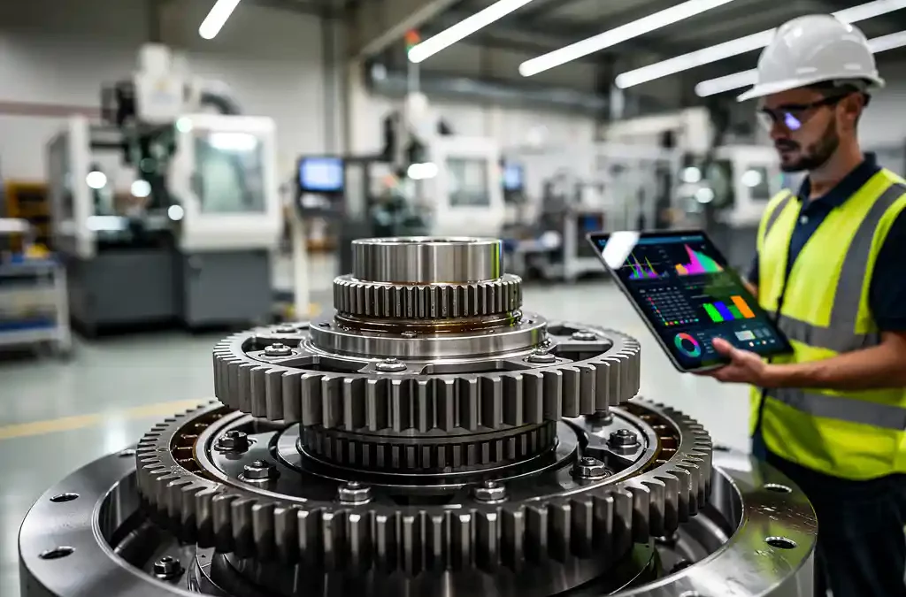 Intricate gear mechanism on factory floor; worker examines tablet with data graphs; industrial machines in blurred background.
