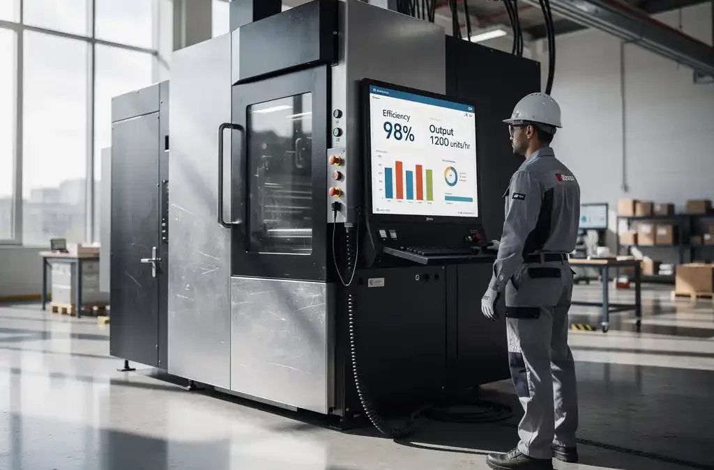 High-tech machine on modern factory floor with efficiency metrics, worker monitoring, ambient light through large windows.