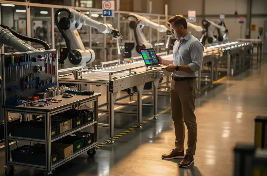 Manager with digital tablet on sleek factory assembly line, reviewing production metrics in well-lit, organized workspace.