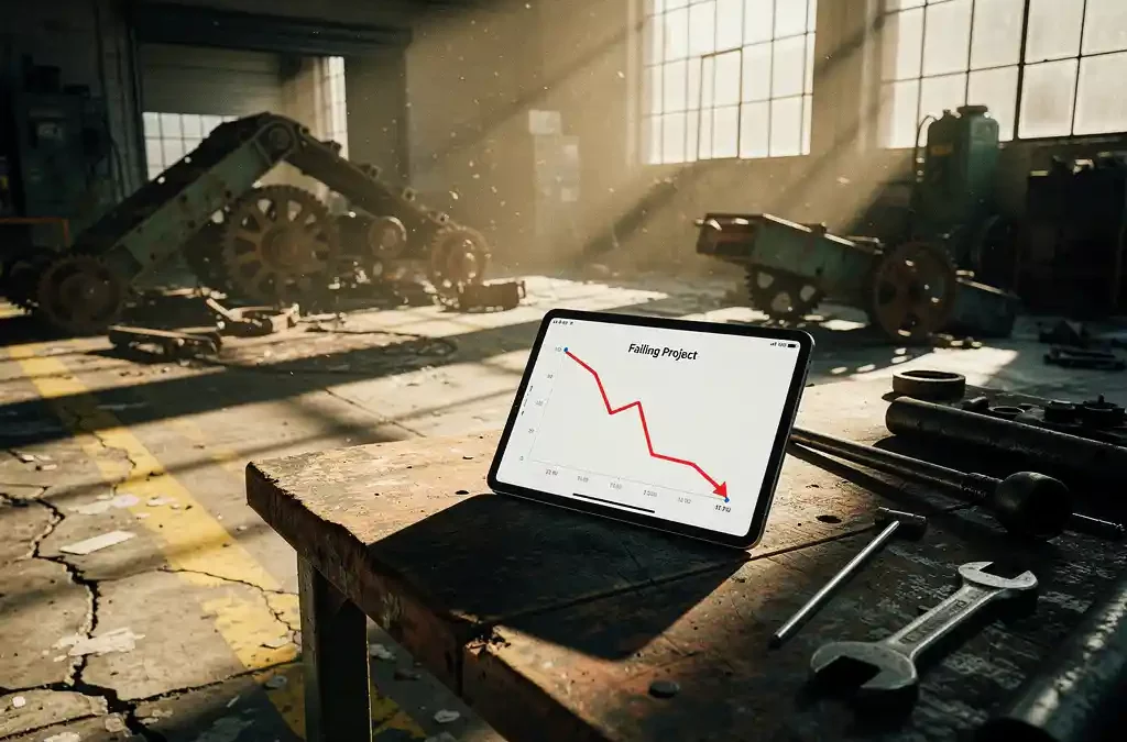 Modern tablet with failing project graph on dusty factory floor, outdated machinery, sunlight casting shadows, cinematic depth.