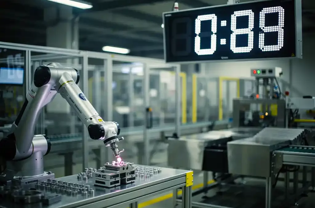 Modern factory floor with digital clock, robotic arm assembling parts, industrial machinery, soft lighting, cinematic depth.