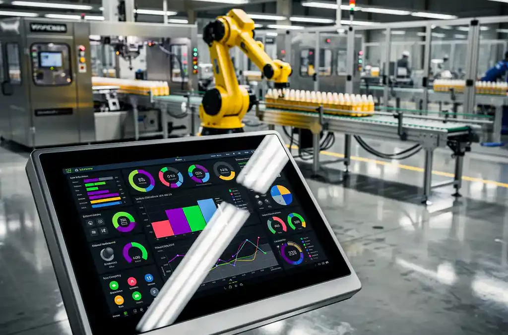 Digital control panel with efficiency metrics on modern factory floor, robotic arm assembling products, bright industrial lighting.
