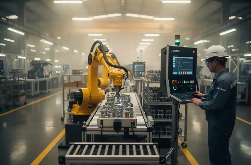 Robotic arm assembles components on a modern factory floor; worker monitors control panel in a spacious, well-lit environment.