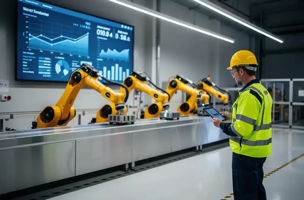 Robotic arms assembling products on a modern factory floor with digital analytics screen and worker in high-visibility vest.
