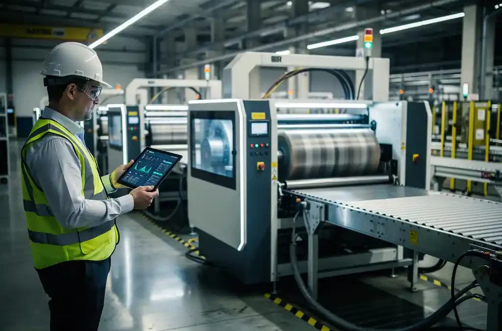 High-tech machine in modern factory, manager using tablet, industrial equipment, conveyor belts, bright lighting, cinematic detail.