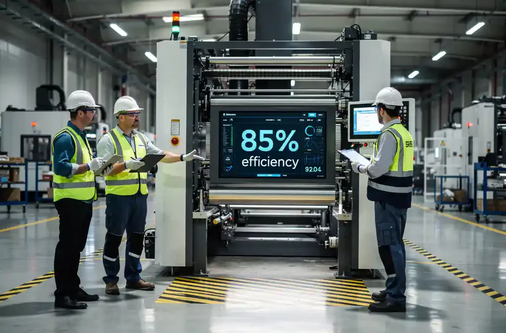 Factory machine operating at 85% efficiency, workers in safety gear taking notes, bright industrial lighting, cinematic depth of field.