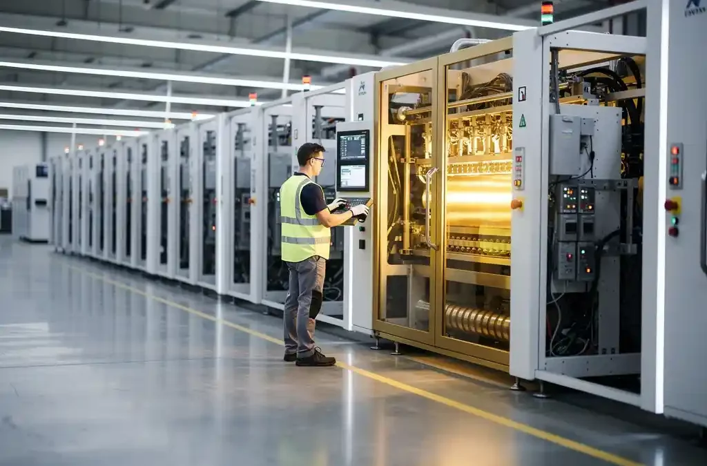 Glowing machine on modern factory floor monitored by focused worker, symbolizing enhanced output under bright industrial lighting.
