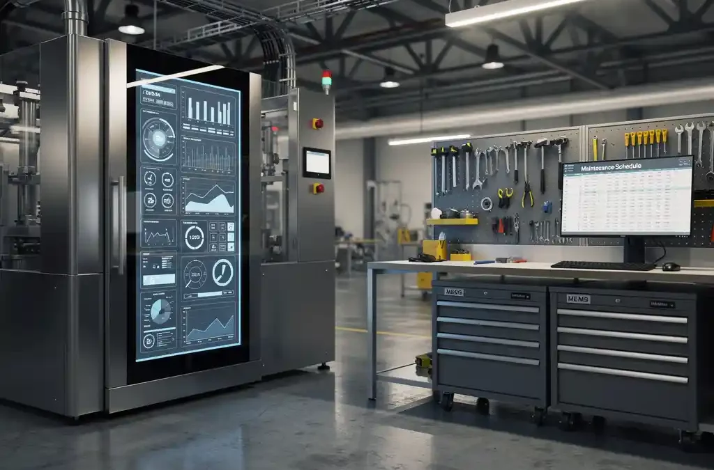 High-tech factory floor featuring a sleek machine interface and organized maintenance workstation with tools and computer display.