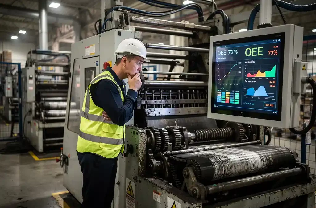 Intricate factory machine with OEE data screen, worker in vest puzzled, industrial setting with machinery and pipes in background.