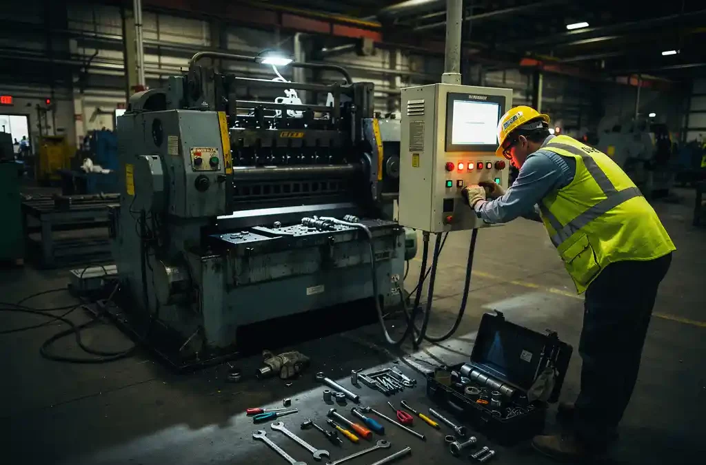 Worker in reflective vest examines control panel of idle machine on factory floor, surrounded by tools, under dim lighting.