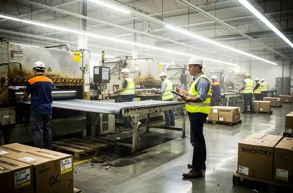 Factory manager with clipboard supervises workers on busy floor, machinery in action, dynamic shadows, detailed textures.