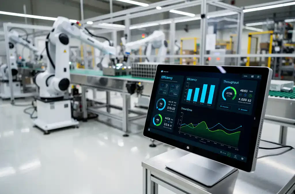 Modern factory floor with advanced production line, digital efficiency display, robotic arms, and ambient lighting in photorealistic style.