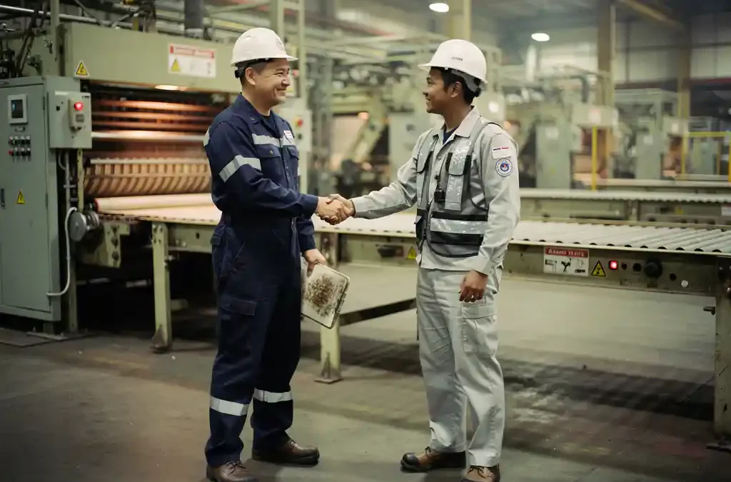 Two factory workers in different uniforms shake hands during shift change, with machinery and idle conveyor belts in the background.
