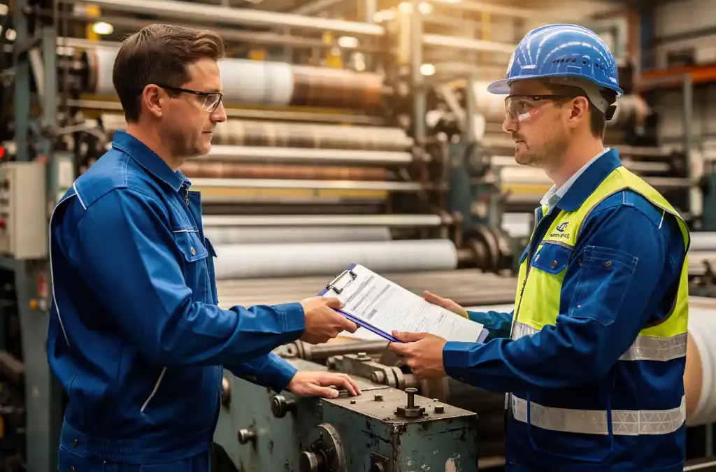 Factory workers exchanging clipboard beside industrial machine on busy factory floor with warm lighting and detailed uniforms.
