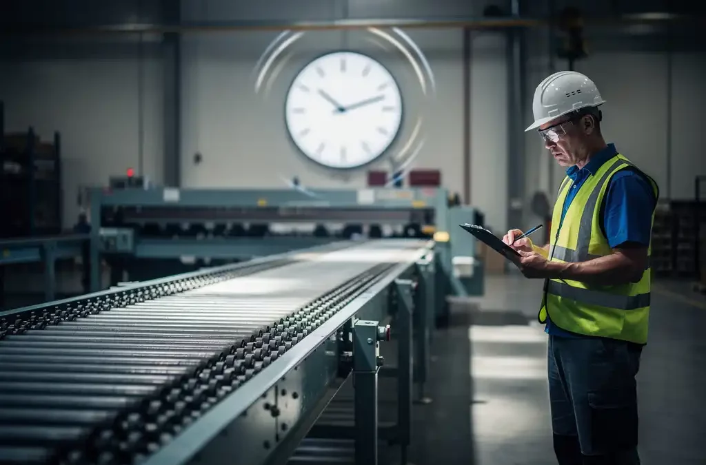 Concerned factory worker with clipboard on silent conveyor belt; analog clock shows time passing, industrial lighting casts shadows.