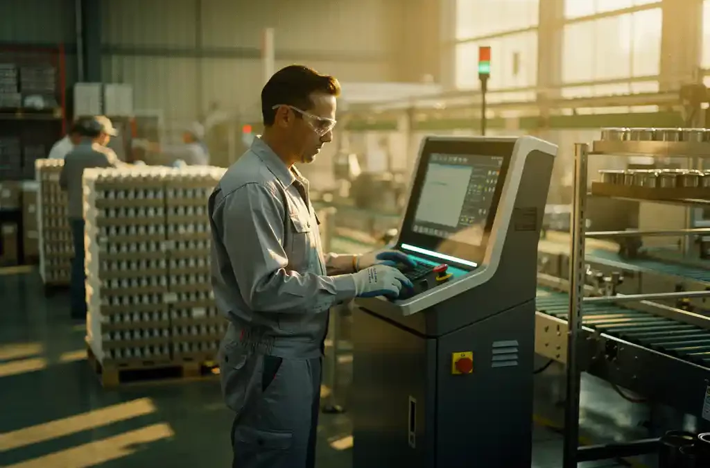 Factory worker operating high-tech machine, surrounded by finished products, in an organized, sunlit industrial setting.