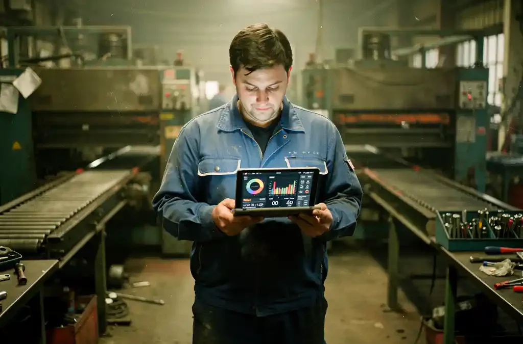 Factory worker in blue uniform examines tablet with performance metrics, surrounded by machinery, under soft lighting.