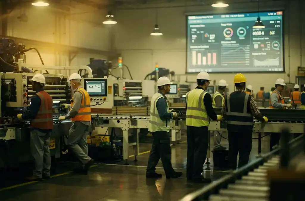 Diverse factory team operates machines; digital display shows real-time metrics; warm industrial lighting; cinematic depth.