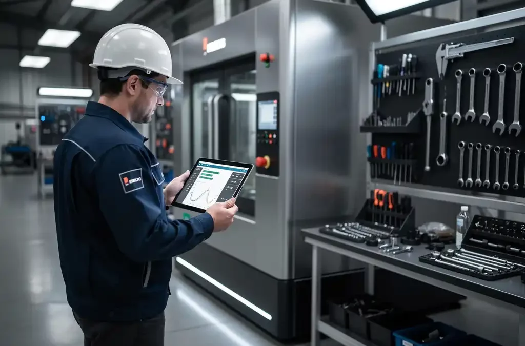 Technician with tablet beside sleek machine on factory floor; tools on workbench, industrial lighting, photorealistic focus.