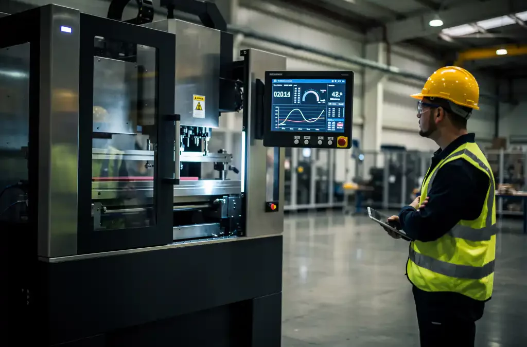 High-tech machine on modern factory floor with digital display, worker in hard hat observing, ambient industrial lighting.