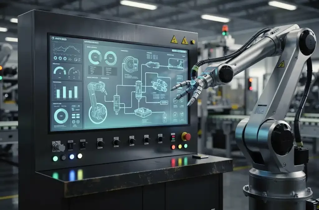 Robotic arm interacts with a digital touchscreen on a sleek industrial control panel in a high-tech manufacturing facility.