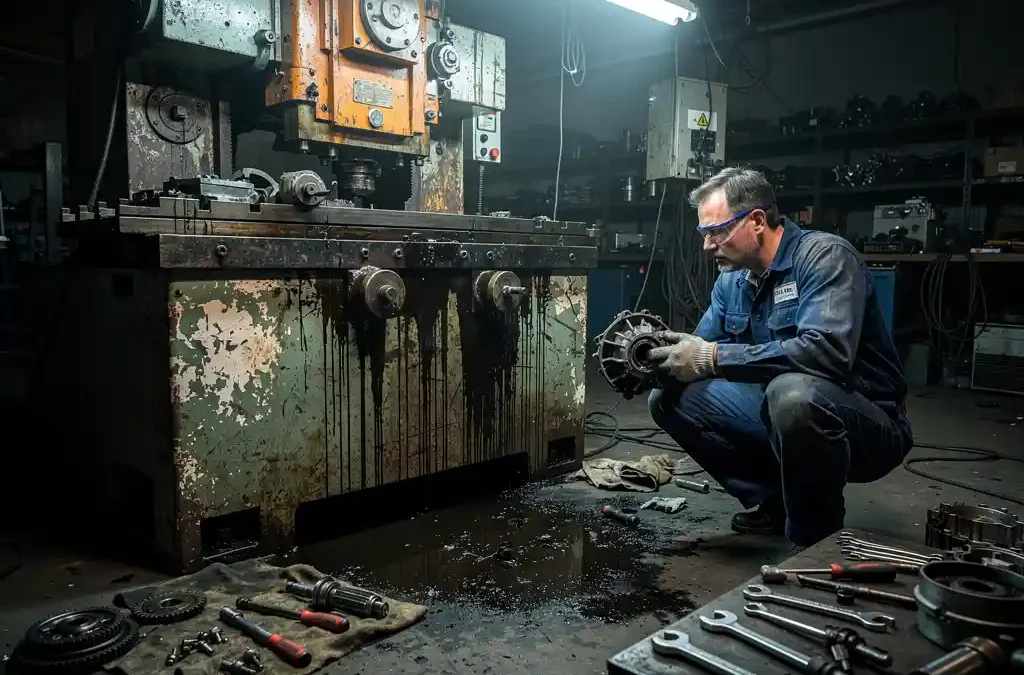 Technician examines rusted industrial machine with oil leaks in dimly lit workshop, surrounded by tools and spare parts.