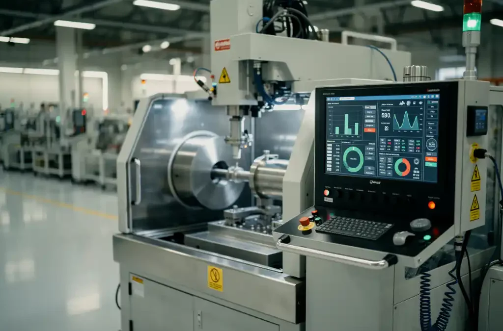 Precision-engineered manufacturing machine in operation with digital display of efficiency metrics, factory floor in background.