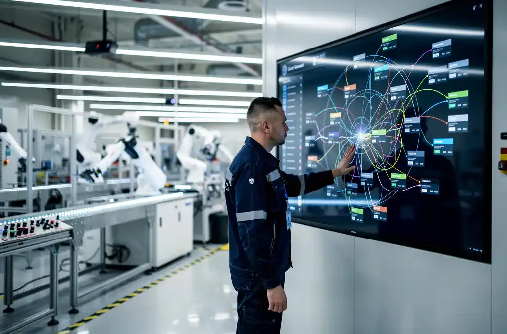 Technician interacts with digital screen on modern assembly line, highlighting traceability in a clean, high-tech manufacturing floor.