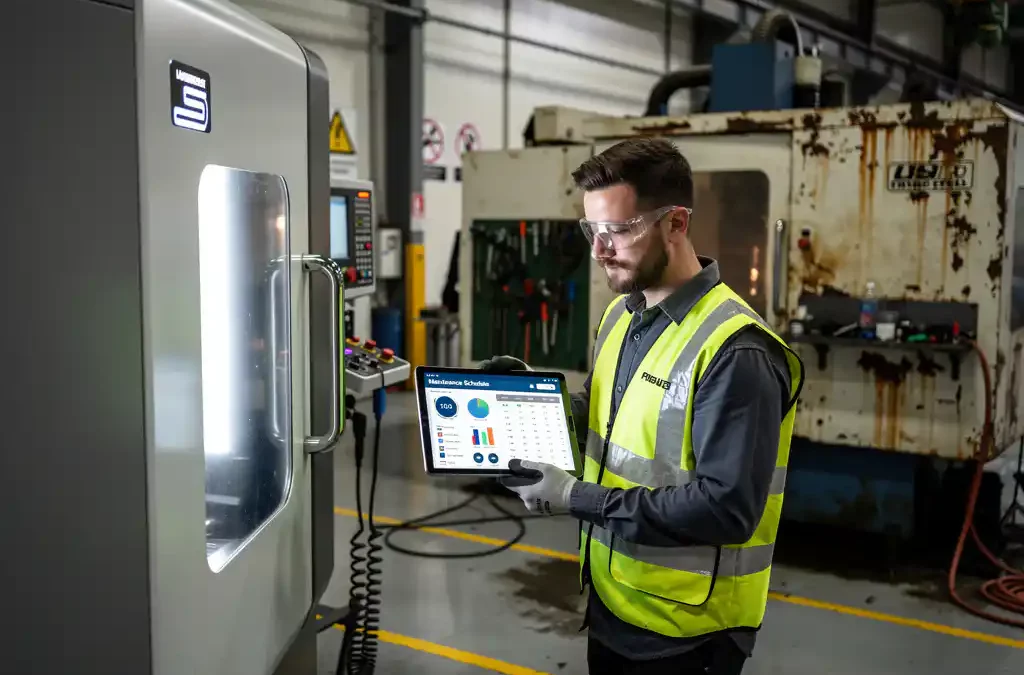 Modern machine on factory floor, technician checking tablet for maintenance, older machine in background, industrial lighting.