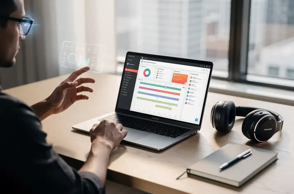 Worker with smart glasses interacts with virtual interface at modern desk, laptop showing digital dashboard, soft window lighting.