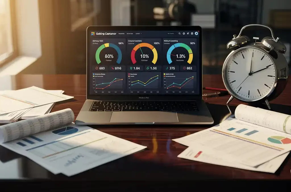 Digital dashboard with real-time OEE metrics on a laptop, surrounded by paper reports and a clock on a wooden desk in sunlight.