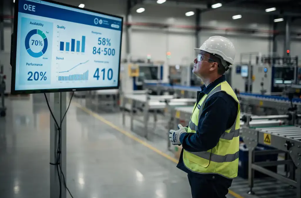 Factory worker analyzing OEE metrics on a digital screen, surrounded by machinery and production lines, in soft industrial lighting.