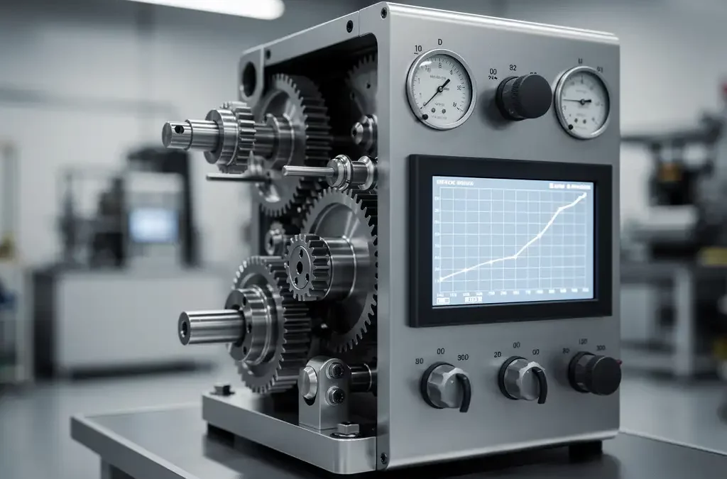 Precision-engineered machine with gears, dials, digital screen showing efficiency graph in clean industrial workspace, ambient lighting.
