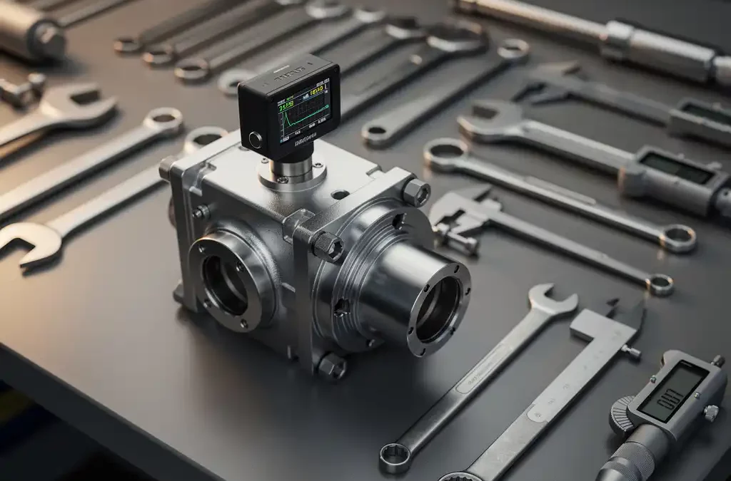 Precision-engineered machine part with digital sensor displaying data, surrounded by industrial tools, under soft lighting.